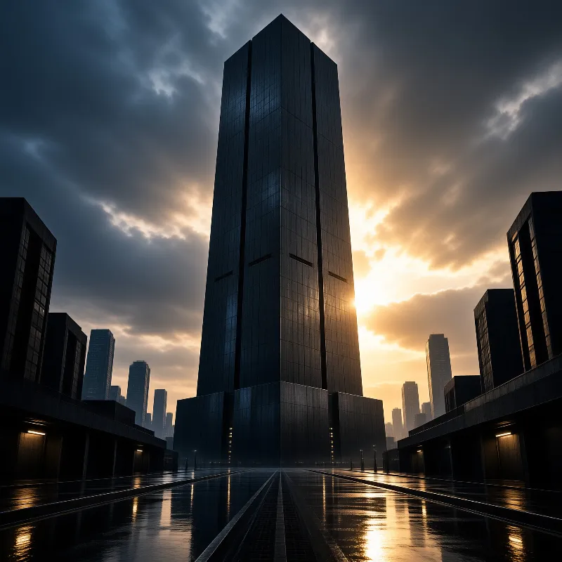 A massive dark skyscraper rises above a rain-soaked city street as warm sunlight filters through heavy storm clouds in the distance.