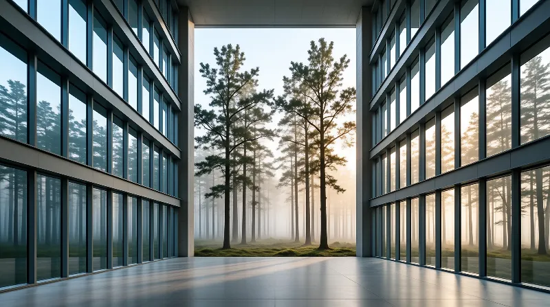 A wide interior view through large glass panels shows a quiet forest of tall trees covered in soft fog.