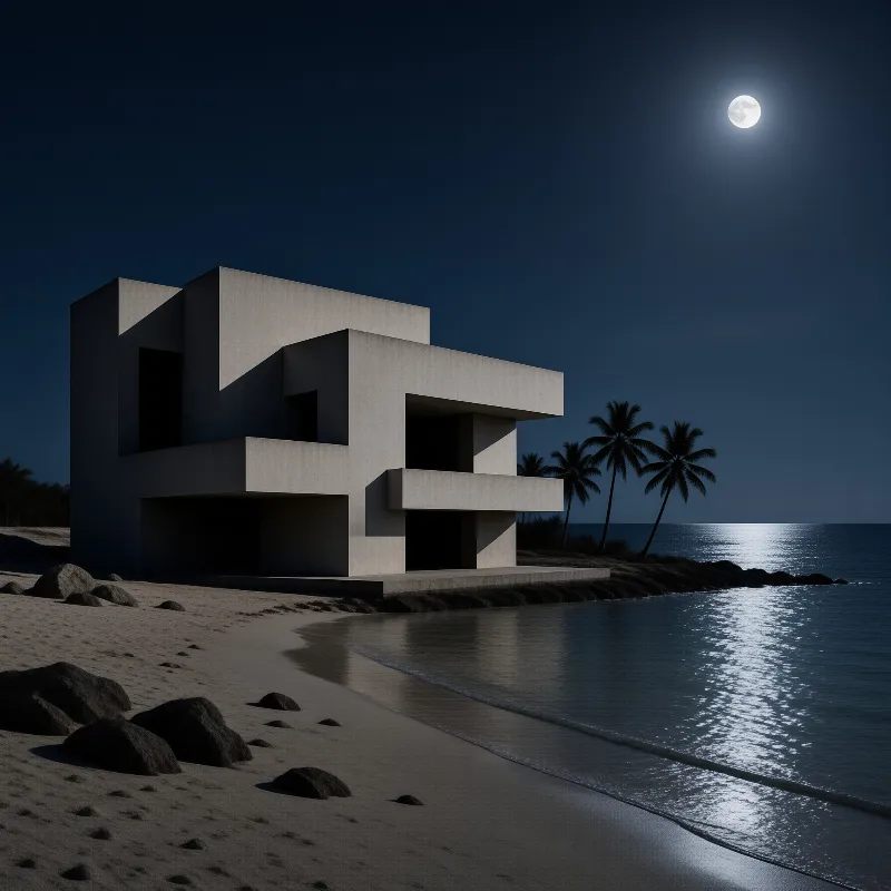 A blocky white building stands on a sandy shore at night with a bright moon reflecting on the dark ocean surface.