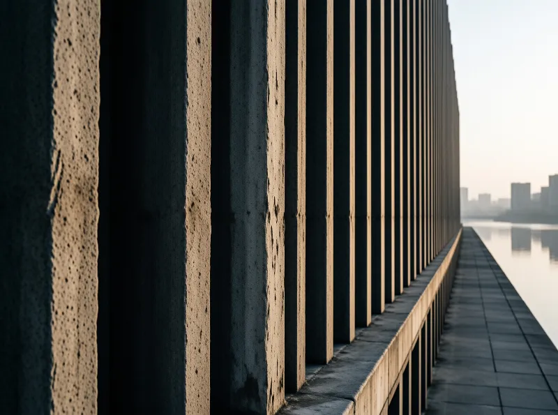 Vertical concrete structures line a paved path next to a calm river under soft morning light.