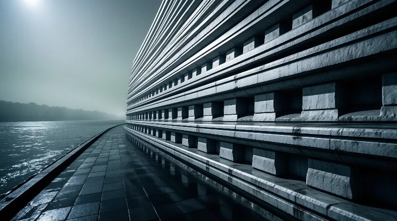 Layered concrete architecture lines a wet tiled walkway beside calm waters under a hazy overcast sky.