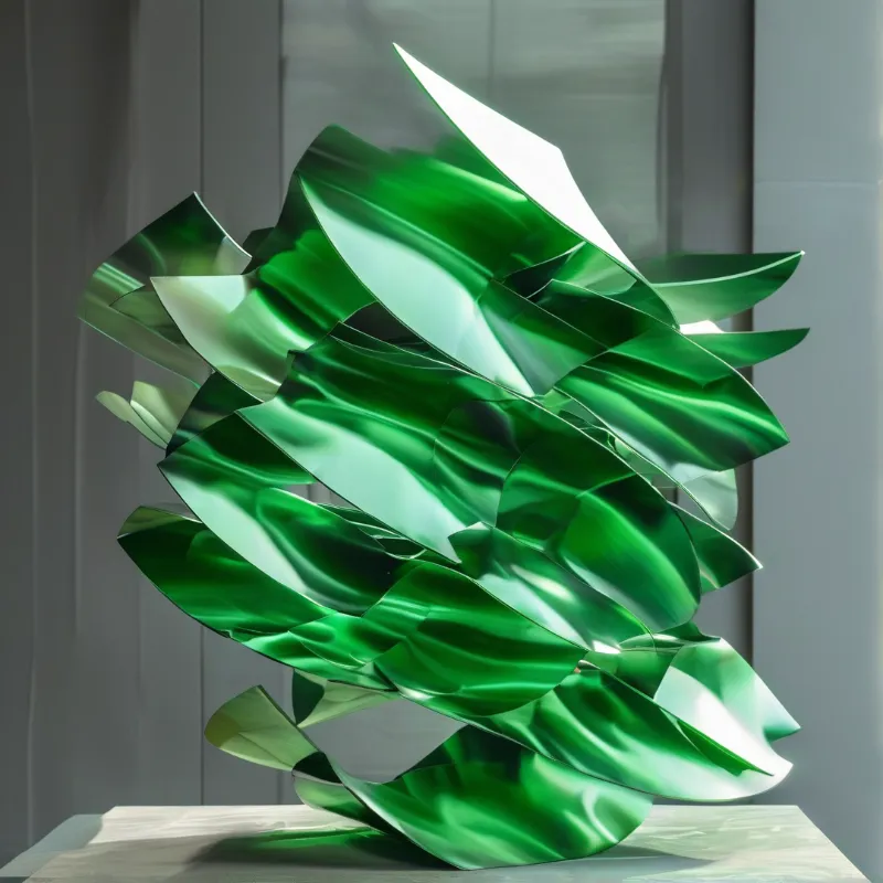 A shiny green sculpture with twisted layers rests on a light surface near a blurred window.