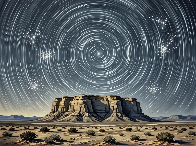 Concentric star trails circle the night sky over a flat topped mesa dotted with desert shrubs.