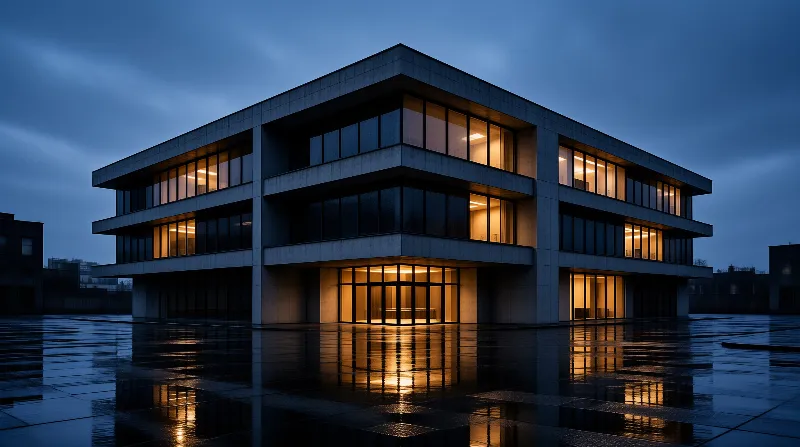 A modern geometric structure stands against a dark blue twilight sky with bright yellow interior lights reflecting off a wet paved surface.