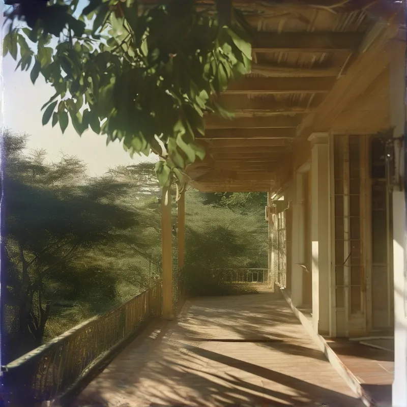 A shaded wooden veranda runs alongside sunlit savanna trees, with dappled light falling across its worn wooden flooring.