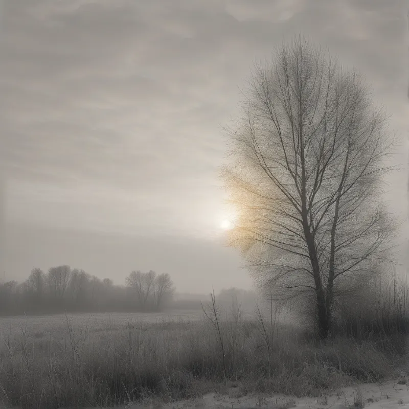 A leafless tree stands on the right side of a foggy field while sunlight glows behind the branches in the center.