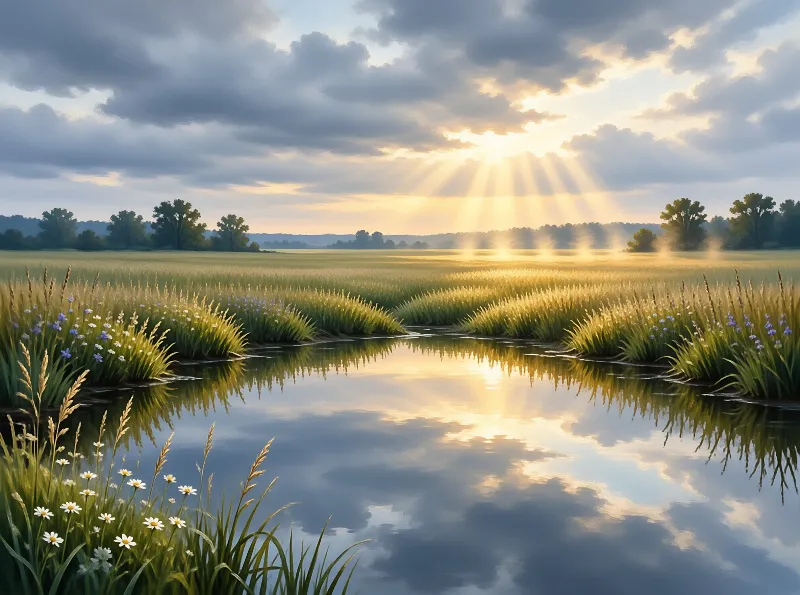A meandering stream winds through grassy wetland at dawn, golden sunbeams pierce clouds and reflect in the still water.