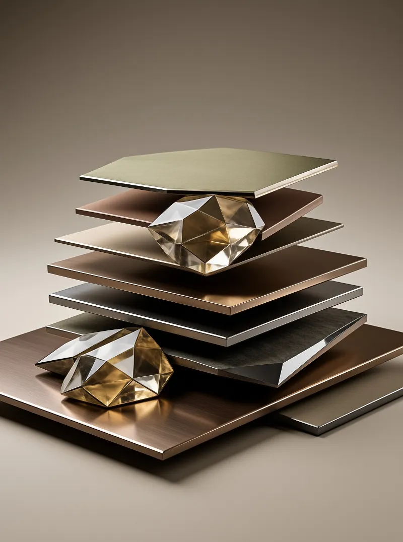 A pair of faceted golden crystals resting on a pile of brushed metal hexagonal plates with warm studio lighting