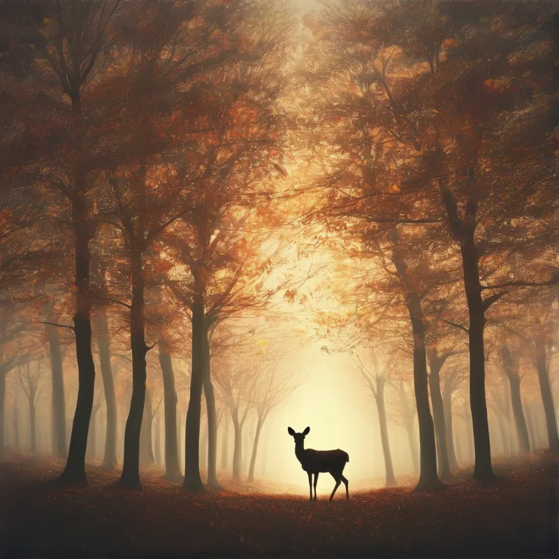 A dark deer silhouette stands centered on the forest floor surrounded by tall trees glowing with warm orange sunlight and mist.