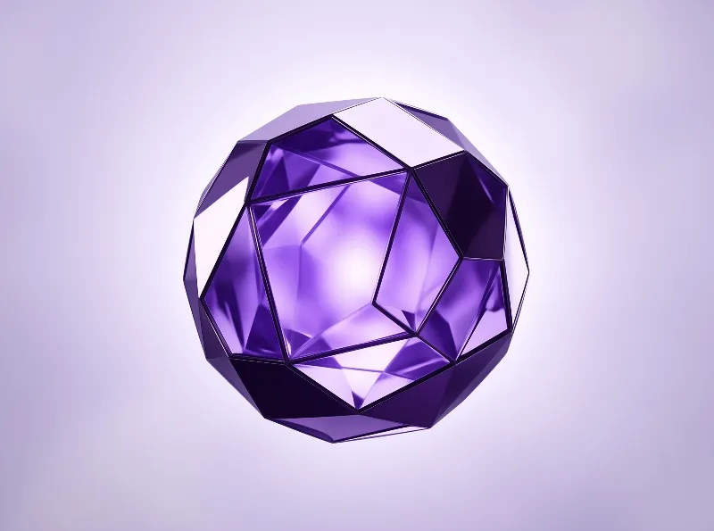 A translucent purple polyhedral crystal rests against a soft lavender backdrop with bright internal light refraction.