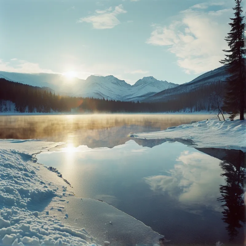 Ice-covered water mirrors snow-covered mountains while the sun casts a warm glow across the surface and nearby trees.