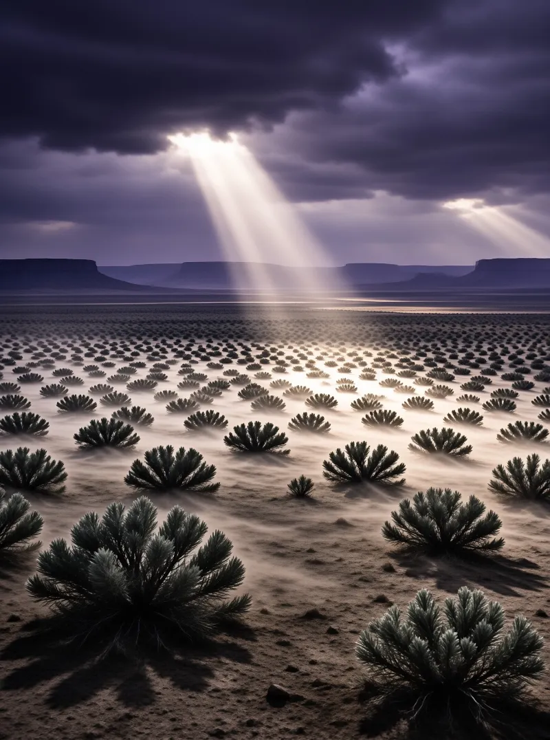 Dark storm clouds release bright sunbeams onto a vast desert filled with small green bushes under a purple sky