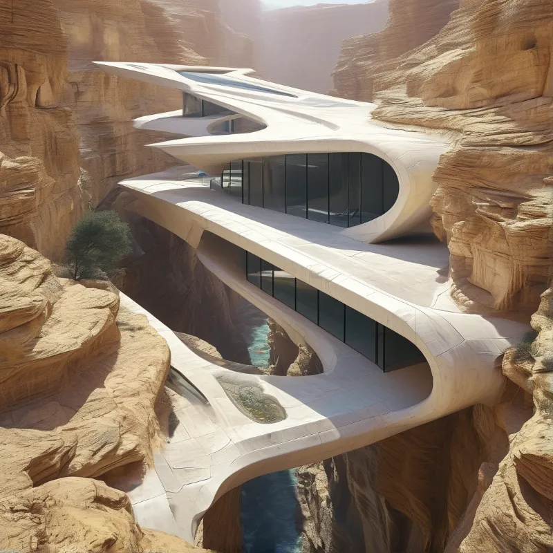 A sweeping white building with large windows is nestled between towering red rock cliffs in a sunlit desert gorge.