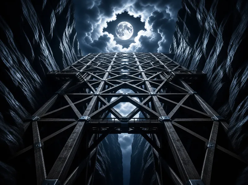 A symmetrical view up through a wooden trestle bridge between dark cliffs, with a full moon glowing through clouds above.