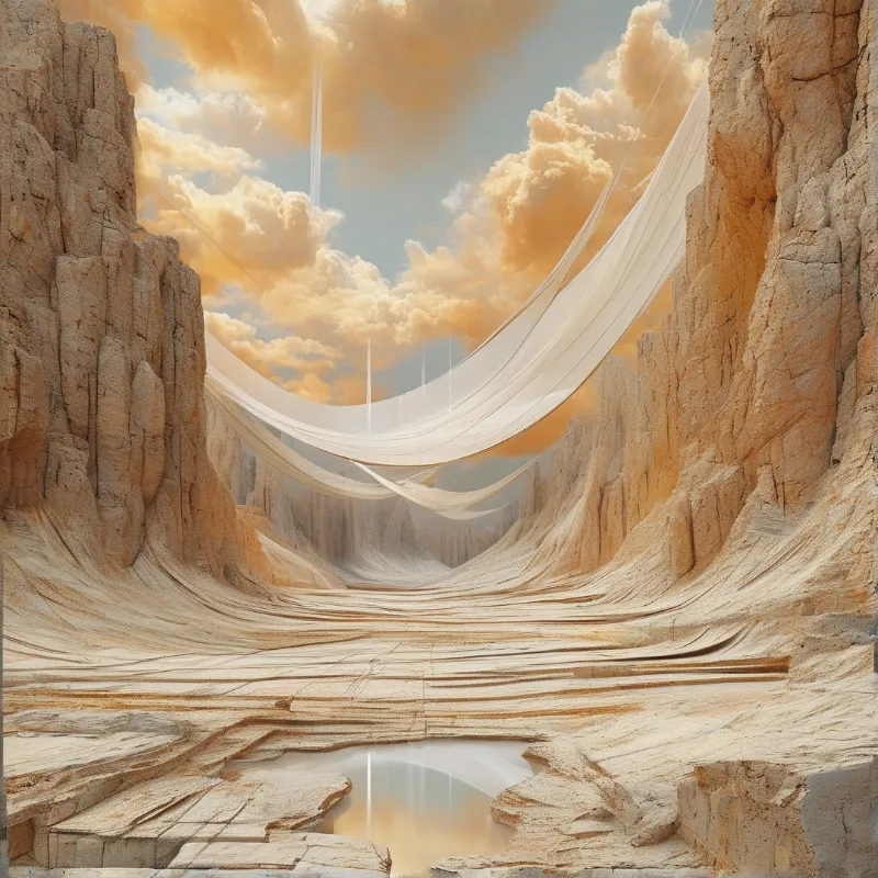 White drapery suspends between towering sandstone cliffs under a warm orange sky in this surreal desert landscape.