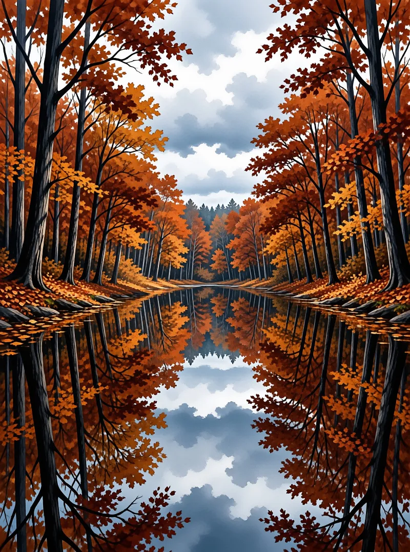 Still water mirrors rust coloured maple foliage and dark trunks beneath a soft grey sky in peak fall colour