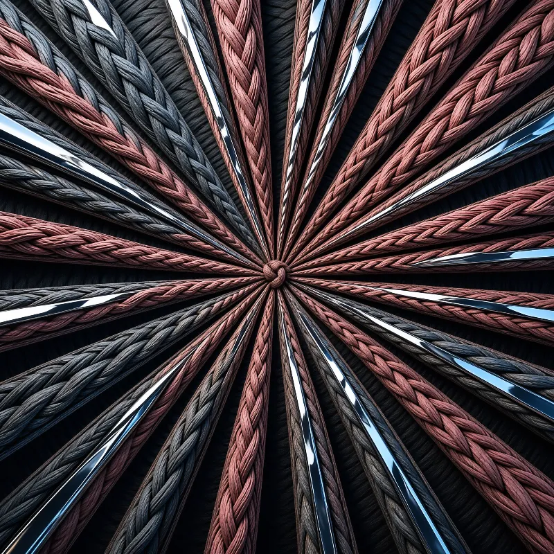 A central knot of braided reddish and dark rope paired with glossy metal rods fanning across a black textured background.