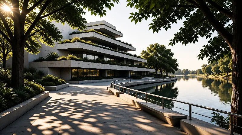 A green roofed multi story building lines a calm reflective river, with dappled sunlight casting leaf patterns on the paved path.