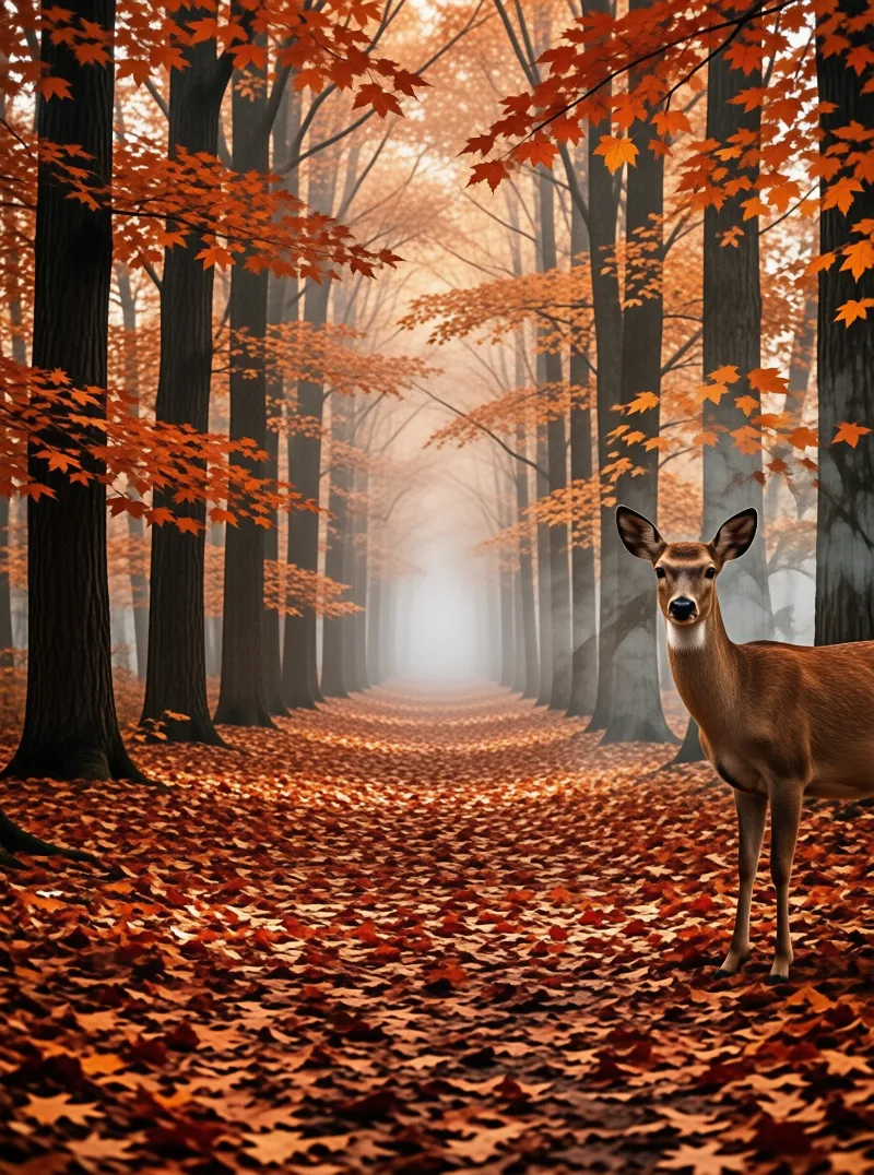 A brown deer stands on a forest path covered in orange leaves while mist rises between the tall trees