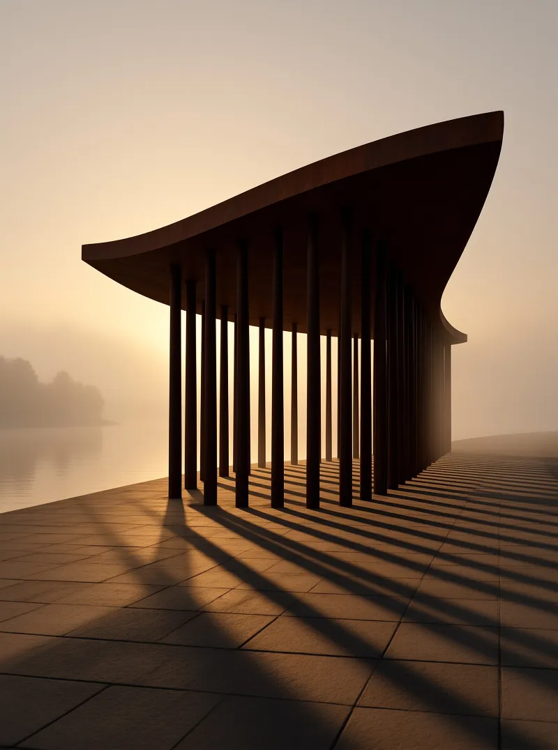 A sweeping timber roof rests on slender pillars by a misty lake, the low sun raking stripes across stone paving.