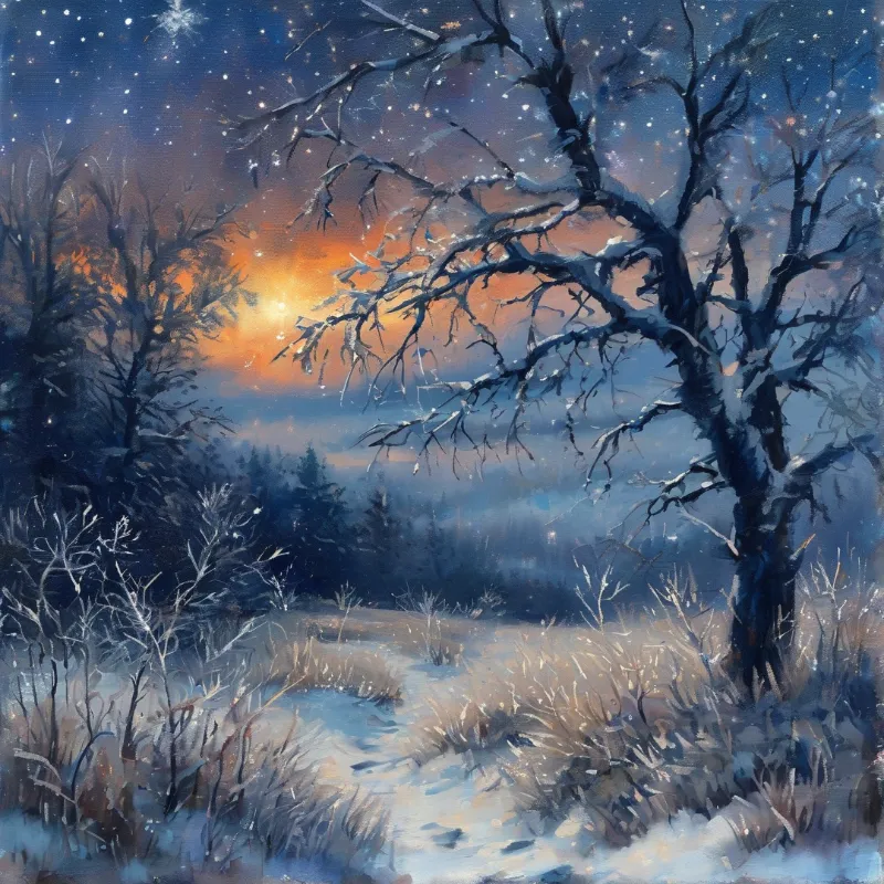 Winter landscape showing snow-covered trees and a path leading toward a glowing orange sunset under a starry sky.