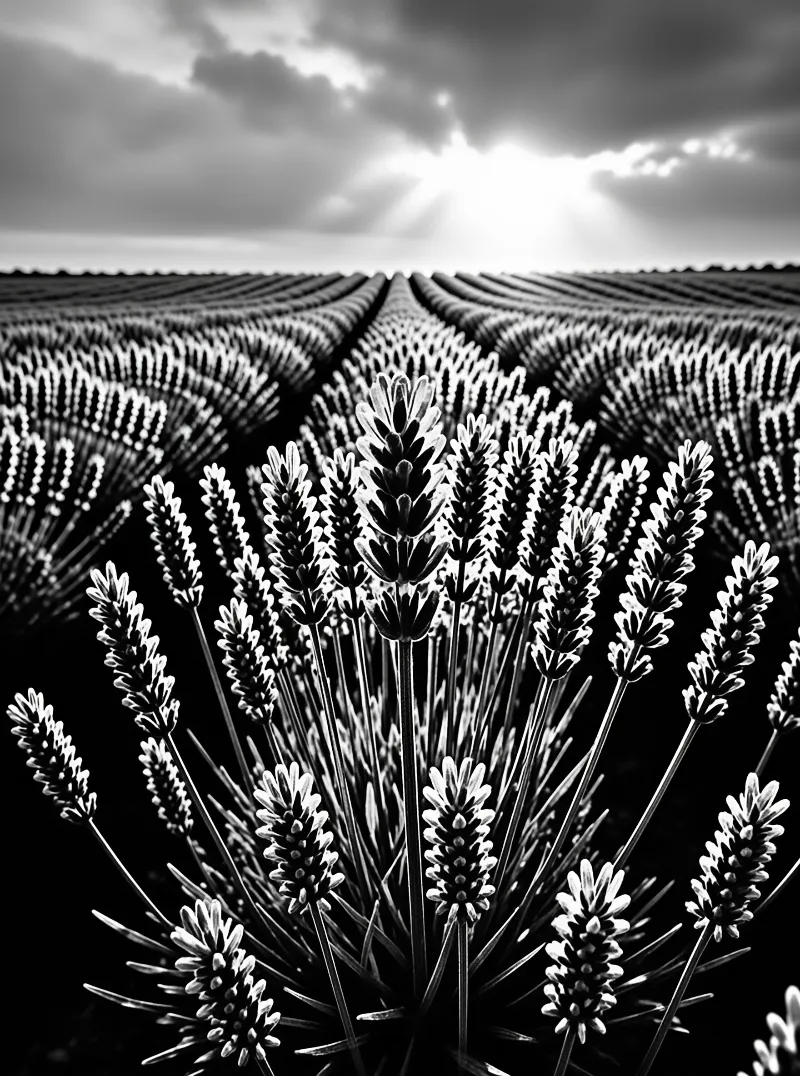 High contrast monochrome landscape showing lavender sprigs in a field with sunlight breaking through clouds above the horizon