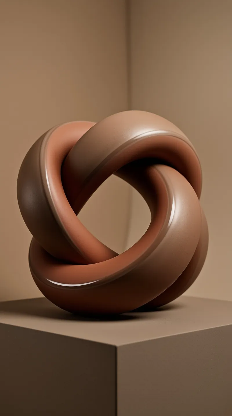 A smooth brown tubular knot rests on a beige block with soft shadows highlighting its curved form.