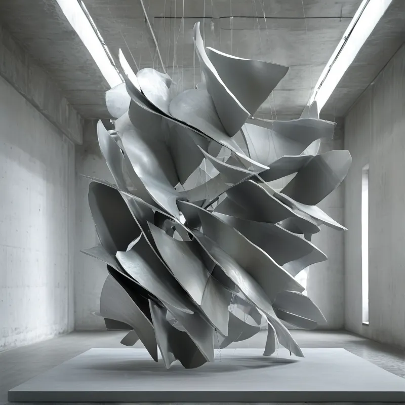 A twisted silver sculpture hangs suspended by thin wires inside a stark concrete gallery room lit by long ceiling lights.