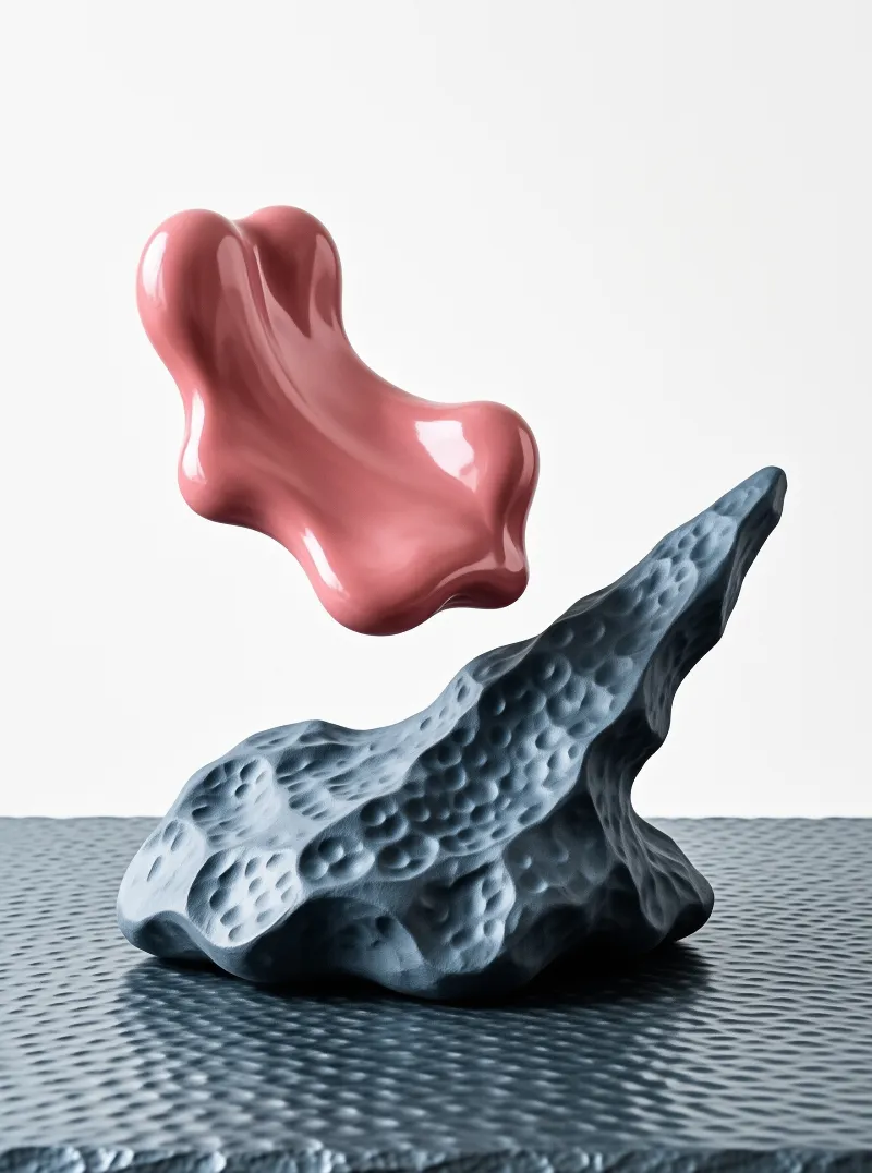 A shiny coral object floats over a matte indigo textured surface with soft lighting.