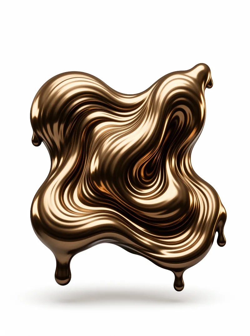 Liquid gold form with swirling ridges and dripping edges floats against a white background, catching soft light.