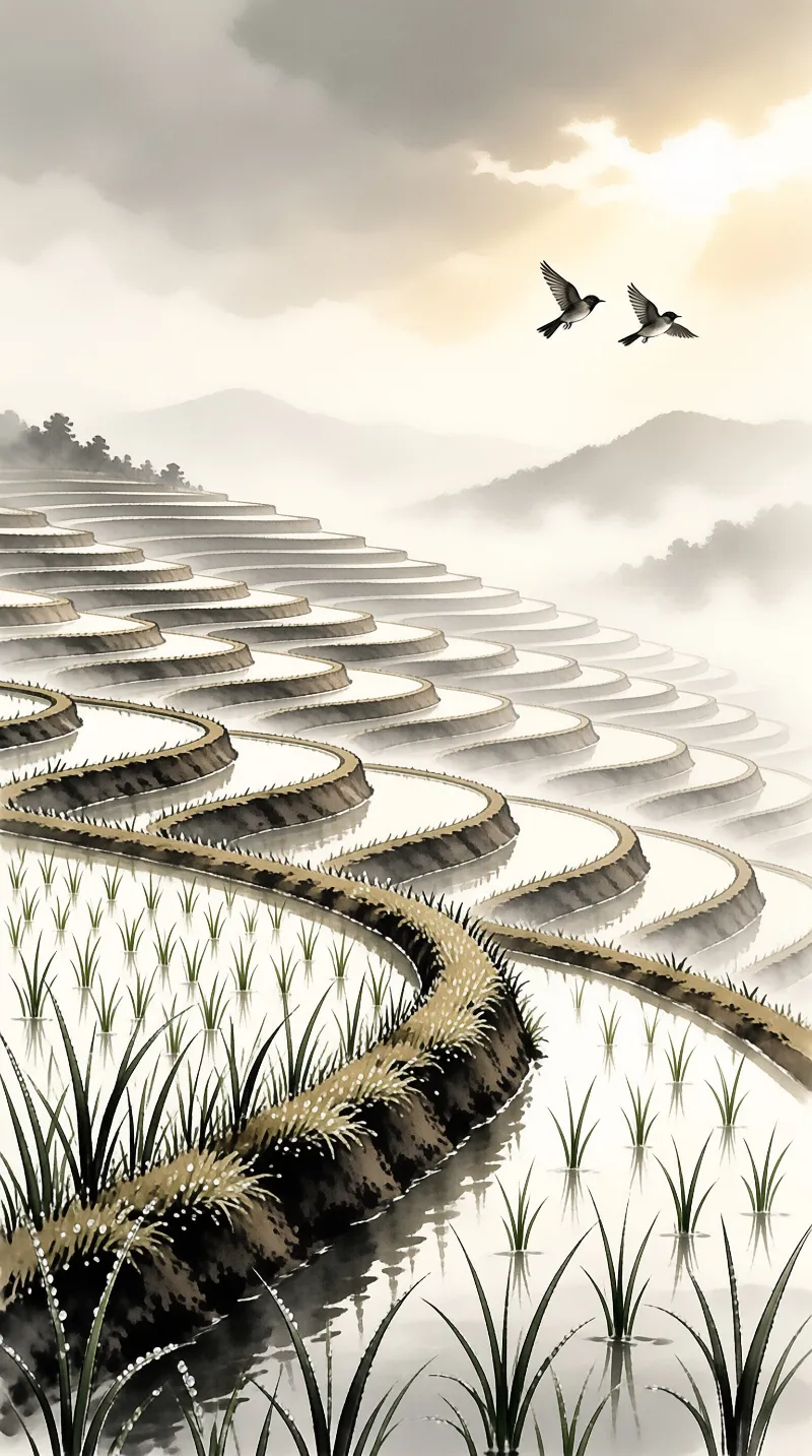 Layered water-filled fields curve through a foggy valley while two birds soar near the bright clouds.