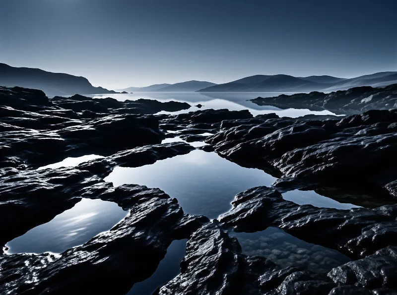 Dark rugged rocks and shallow water pools reflect the sky and distant mountains in a monochromatic blue landscape.