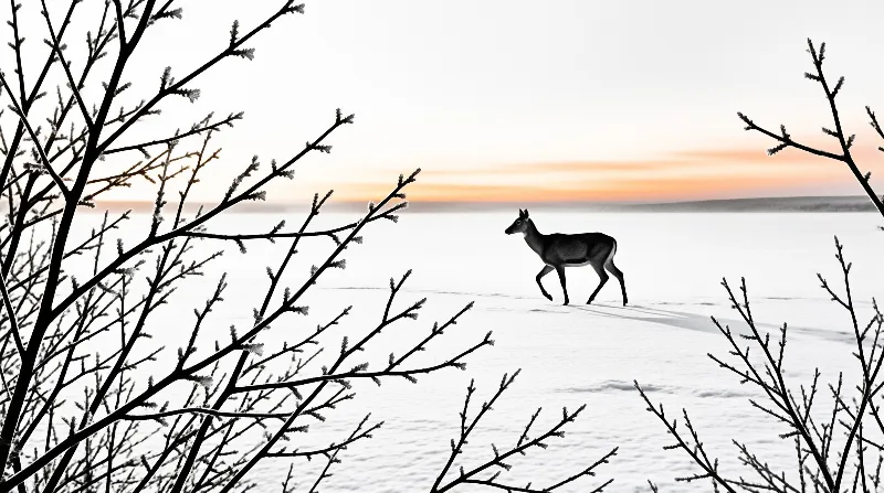 A lone roe deer walks across a snowy field framed by bare branches under a soft orange sunrise.