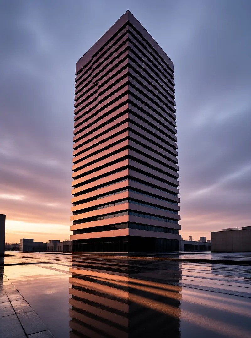 A tall striped skyscraper is bathed in warm sunset light while reflecting clearly into a wet plaza surface.