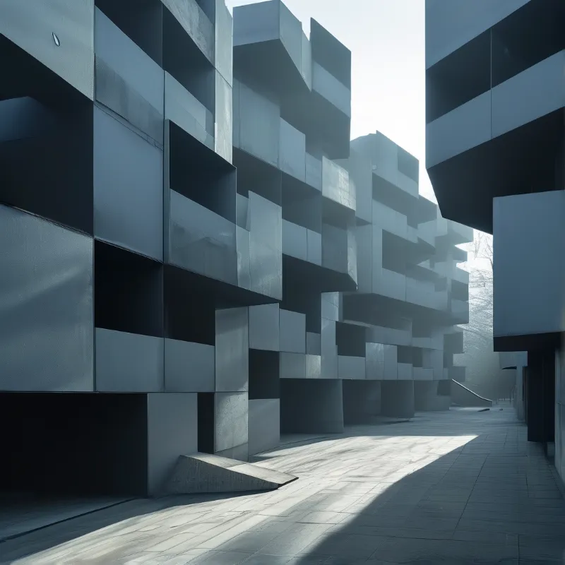 Grey cubic volumes form a rhythmic facade along a paved walkway, casting long shadows across the ground in bright sunlight.