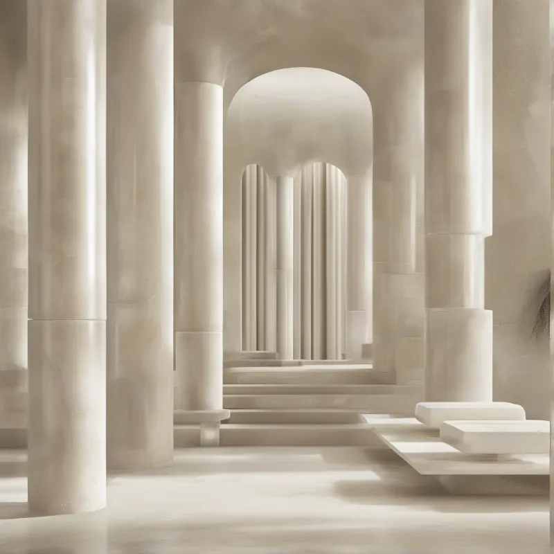 A minimalist architectural space featuring smooth rounded arches and columns illuminated by soft beige light