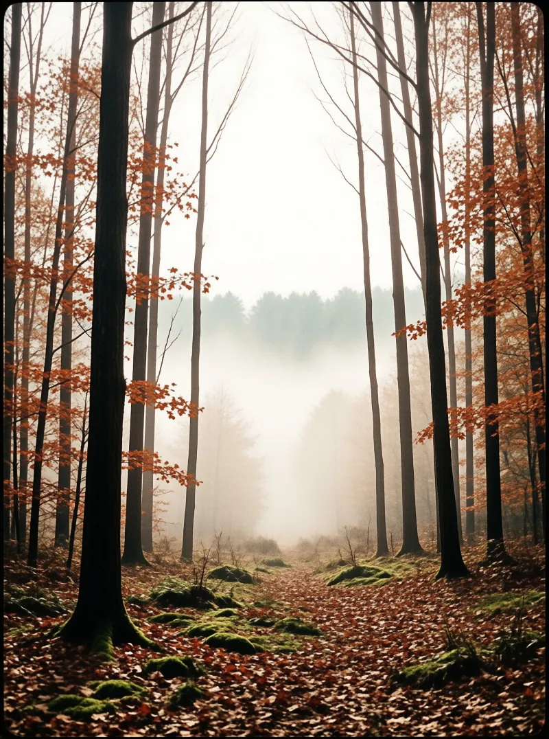 Tall trees with orange leaves frame a mossy path that disappears into thick white fog.