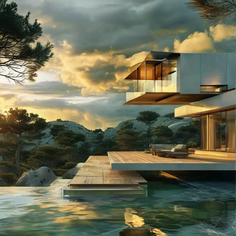 Contemporary home with large windows overlooks a lake surrounded by rocky hills and pine trees under a golden sky.