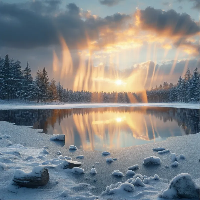 Sunbeams Over Snowy Lake