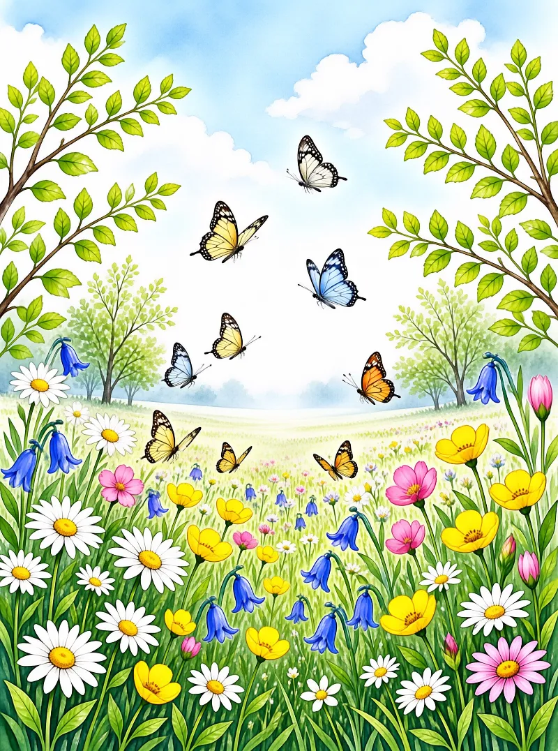Colorful butterflies fly above a lush meadow filled with daisies, bluebells, and yellow blooms under a bright blue sky.