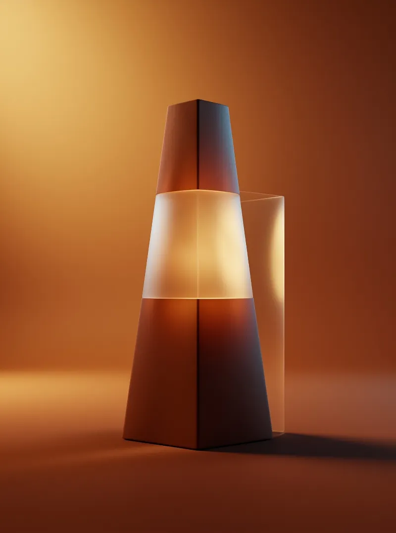 A tall hexagonal lamp with a translucent glowing band stands centered against a smooth warm orange background.