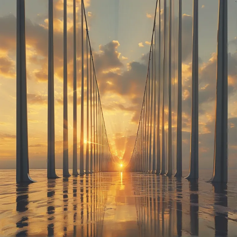 Symmetrical white pillars flank a wet reflective surface with a setting sun shining through the center distance.