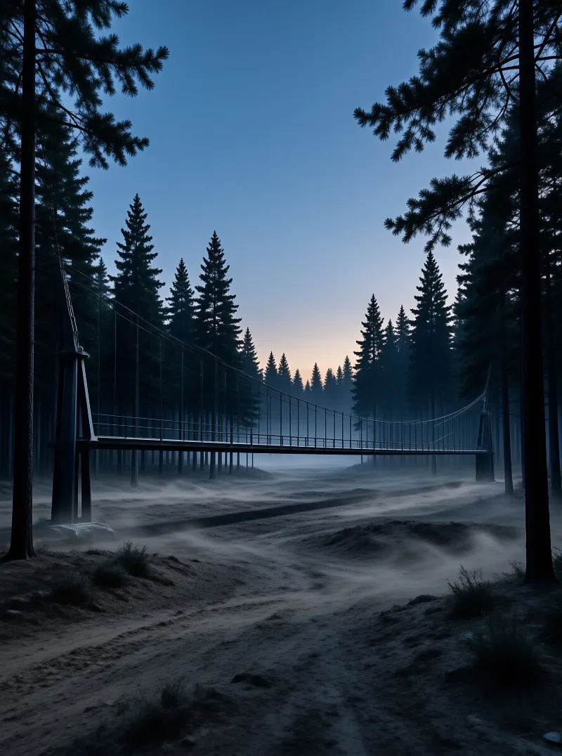 A metal walkway stretches across low fog while tall evergreen trees stand under a twilight sky.