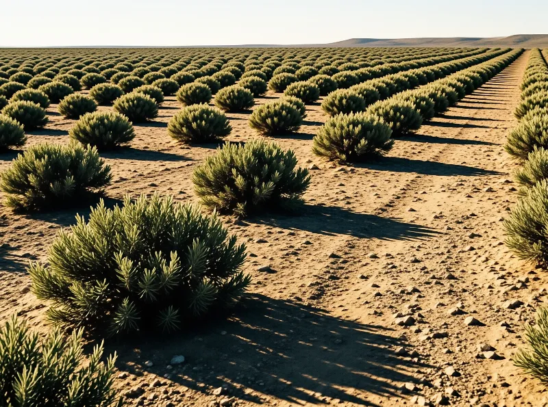Rows of rounded green shrubs planted in neat lines across dry sandy soil under low late afternoon light.
