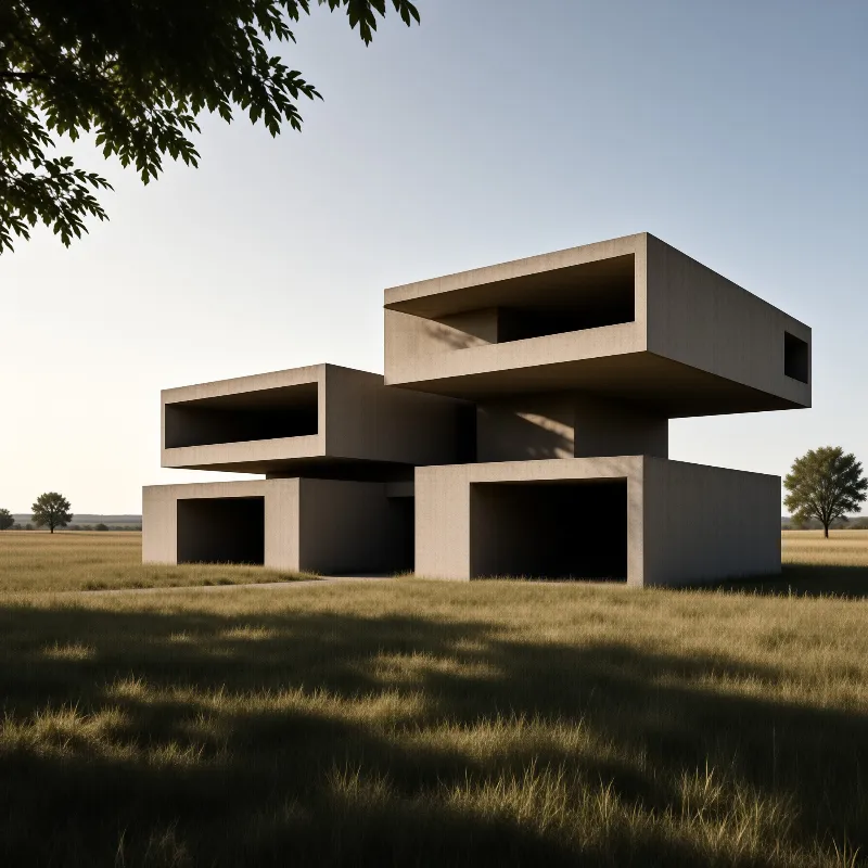 Geometric concrete volumes with deep open recesses sit on dry grass beneath a clear pale sky.