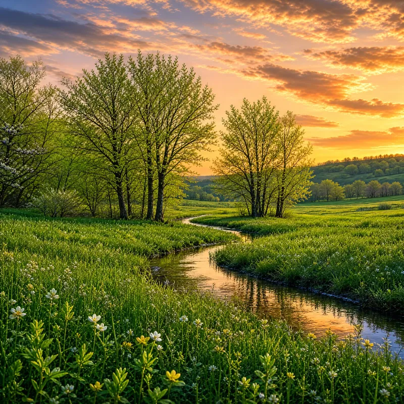 Sunset Over a Winding Stream