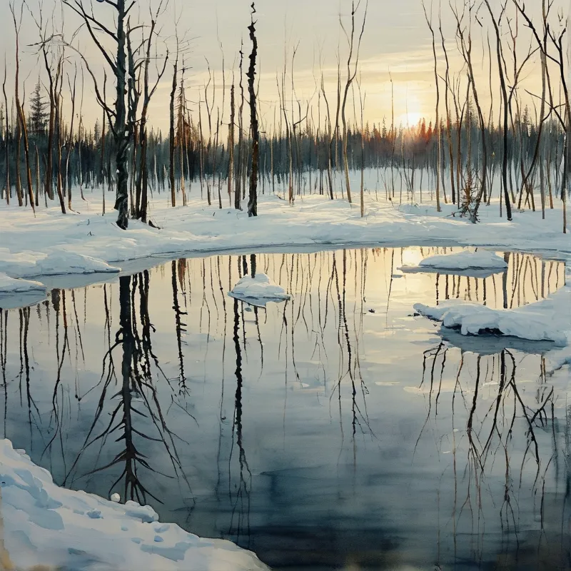 A still pool of water mirrors the silhouettes of leafless trees while sunlight glows on the horizon behind a snowy field.
