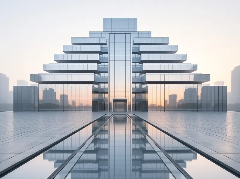 Glass building with stepped facade reflected in a long narrow pool of water during sunset.
