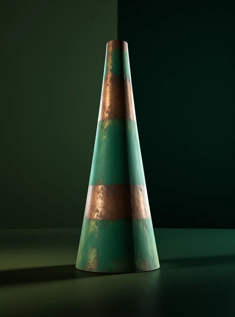 A tall cone sculpture with banded green patina and warm copper stands on a glossy floor before a deep green wall.