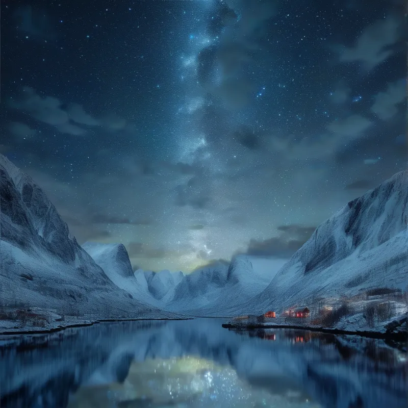 The Milky Way arches above snowy mountains reflected in a still fjord with a few warmly lit cabins near the shore